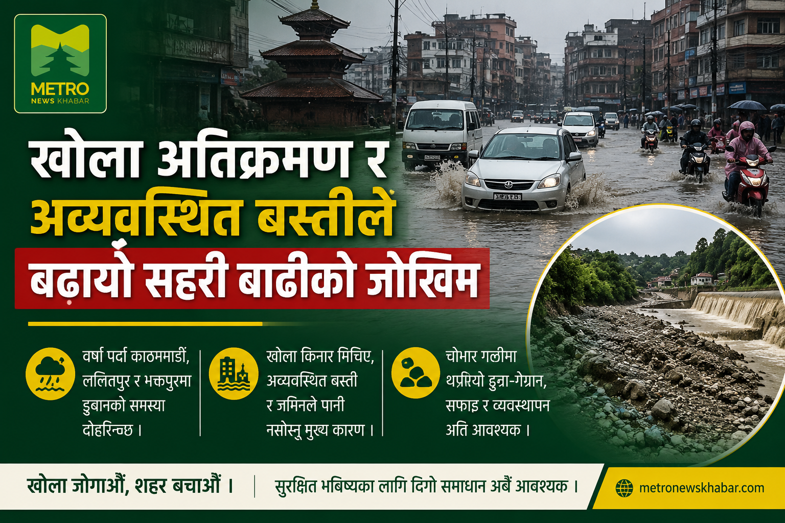 खोला अतिक्रमण र अव्यवस्थित बस्तीले बढायो उपत्यकामा सहरी बाढीको जोखिम