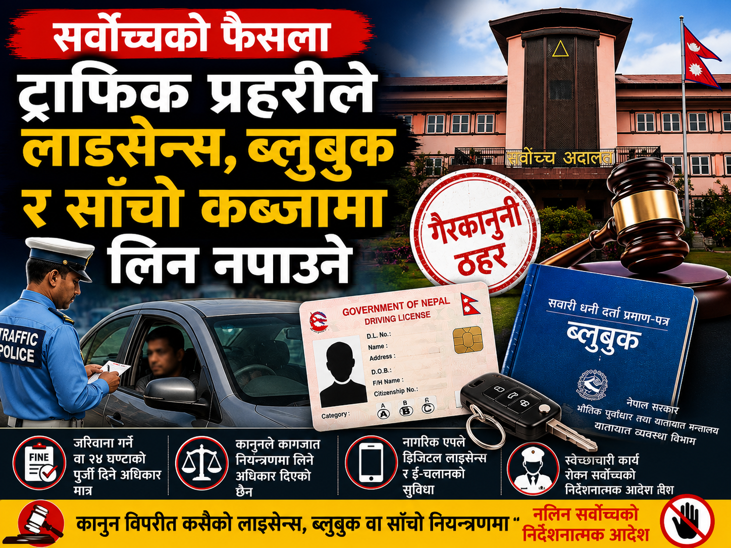 ट्राफिक प्रहरीले लाइसेन्स र साँचो नियन्त्रणमा लिन नपाउने